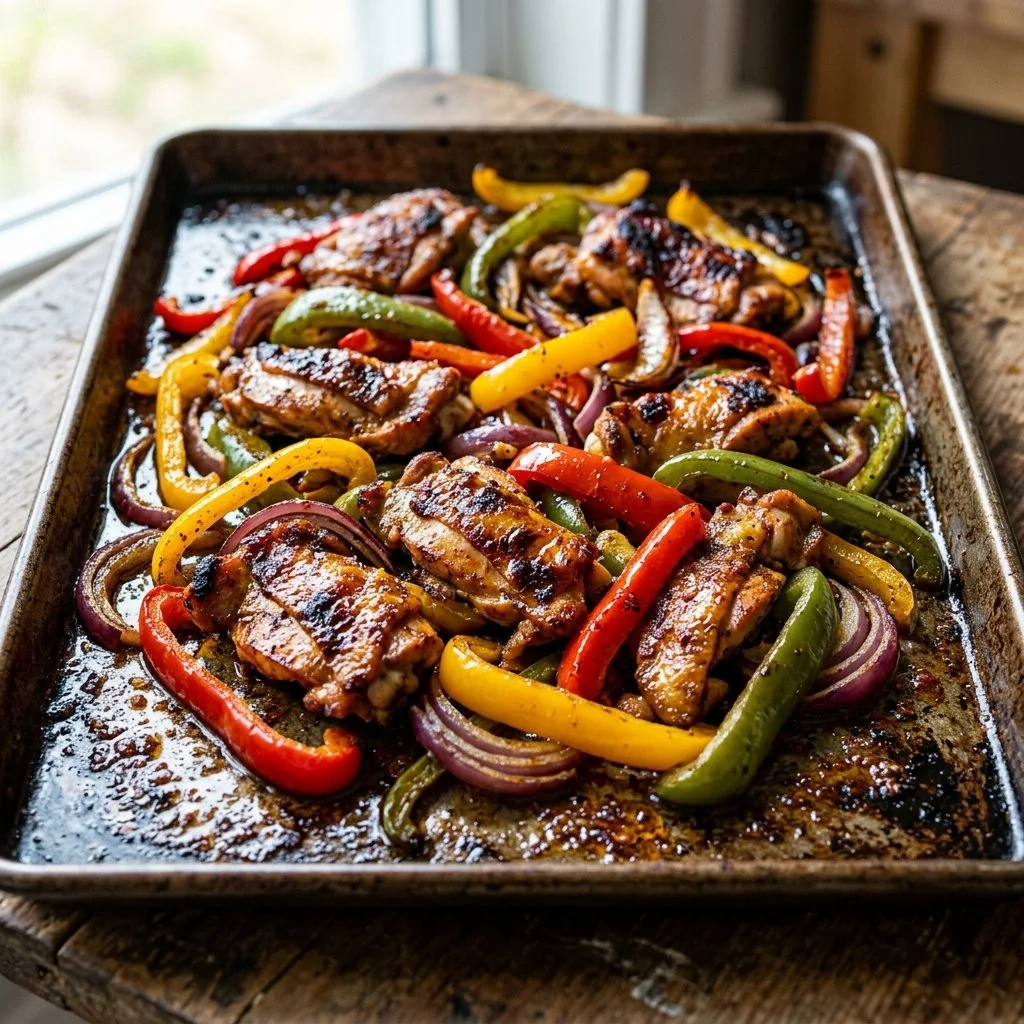 Sheet pan chicken fajitas with vibrant peppers and onions ready to serve.