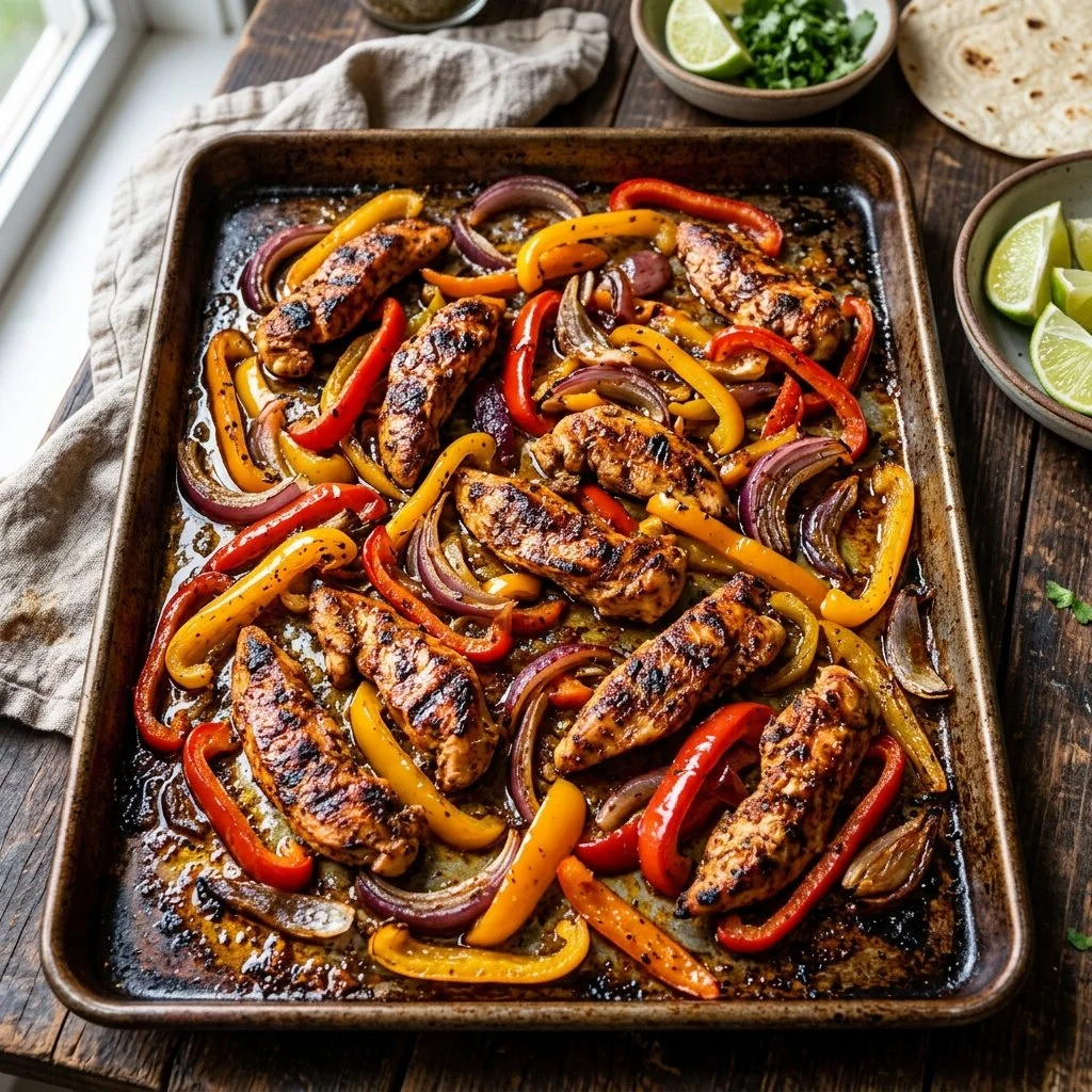 Colorful sheet pan fajitas with bell peppers and chicken, ready to serve.