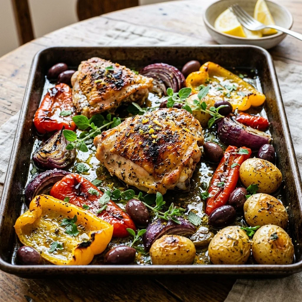 Sheet pan Greek chicken with vibrant vegetables and herbs