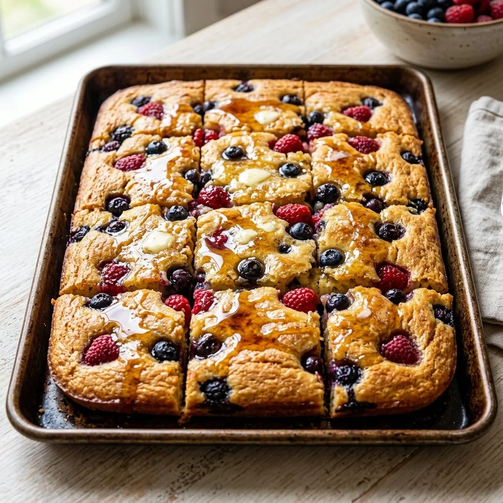 Delicious sheet pan pancakes topped with fresh berries