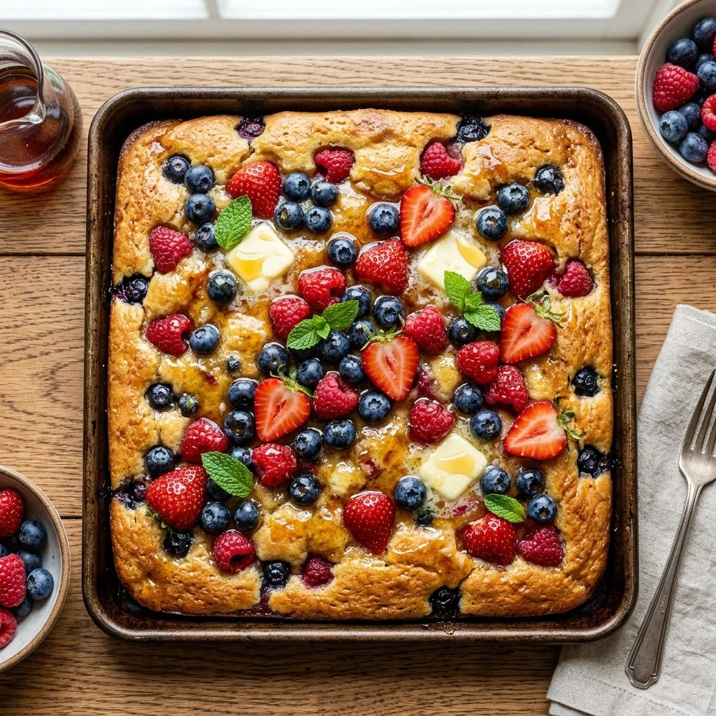 Delicious sheet pan pancakes served on a table with fresh toppings.
