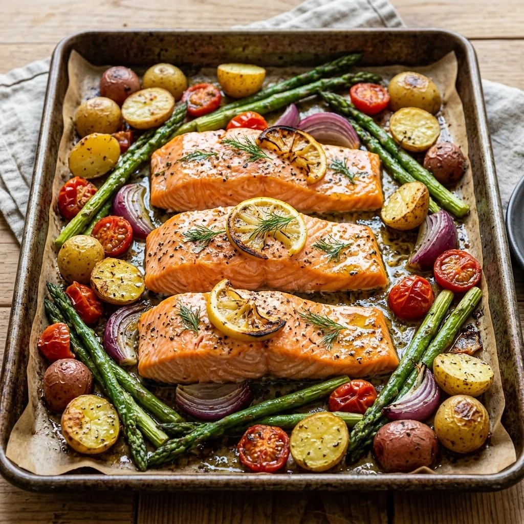 Sheet Pan Salmon with vegetables ready for baking