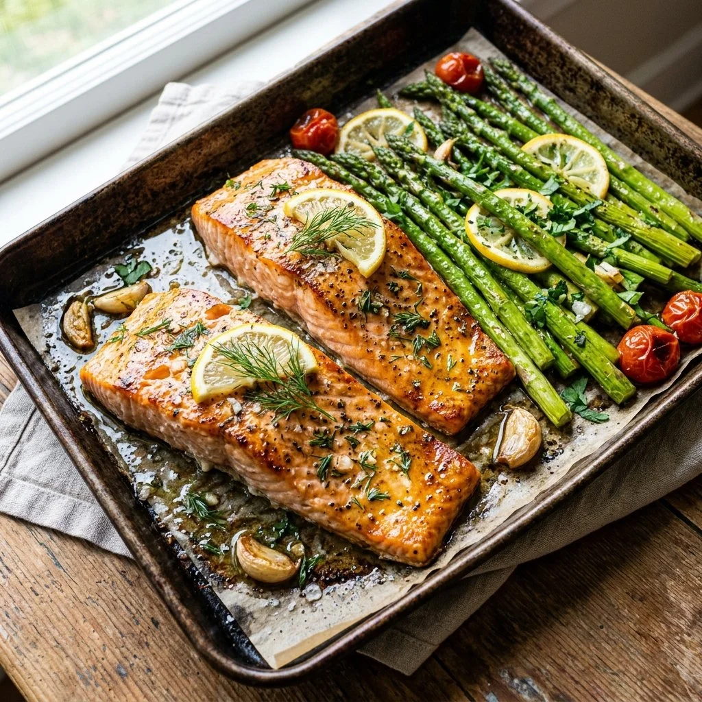 Sheet pan salmon and asparagus dinner ready to serve on a white plate