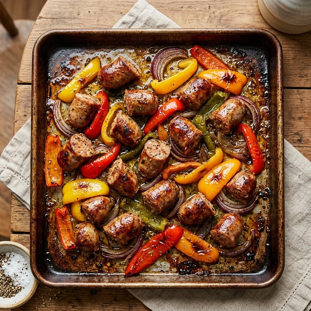 Colorful Sheet Pan Sausage and Peppers dish ready for serving