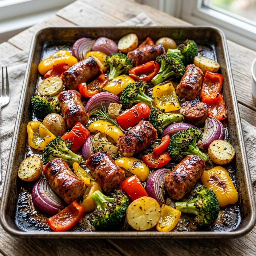 Sheet Pan Sausage and Veggies dish featuring colorful vegetables and sausage