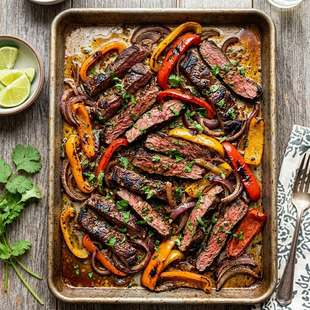 Delicious sheet pan steak fajitas with colorful peppers and onions ready to serve