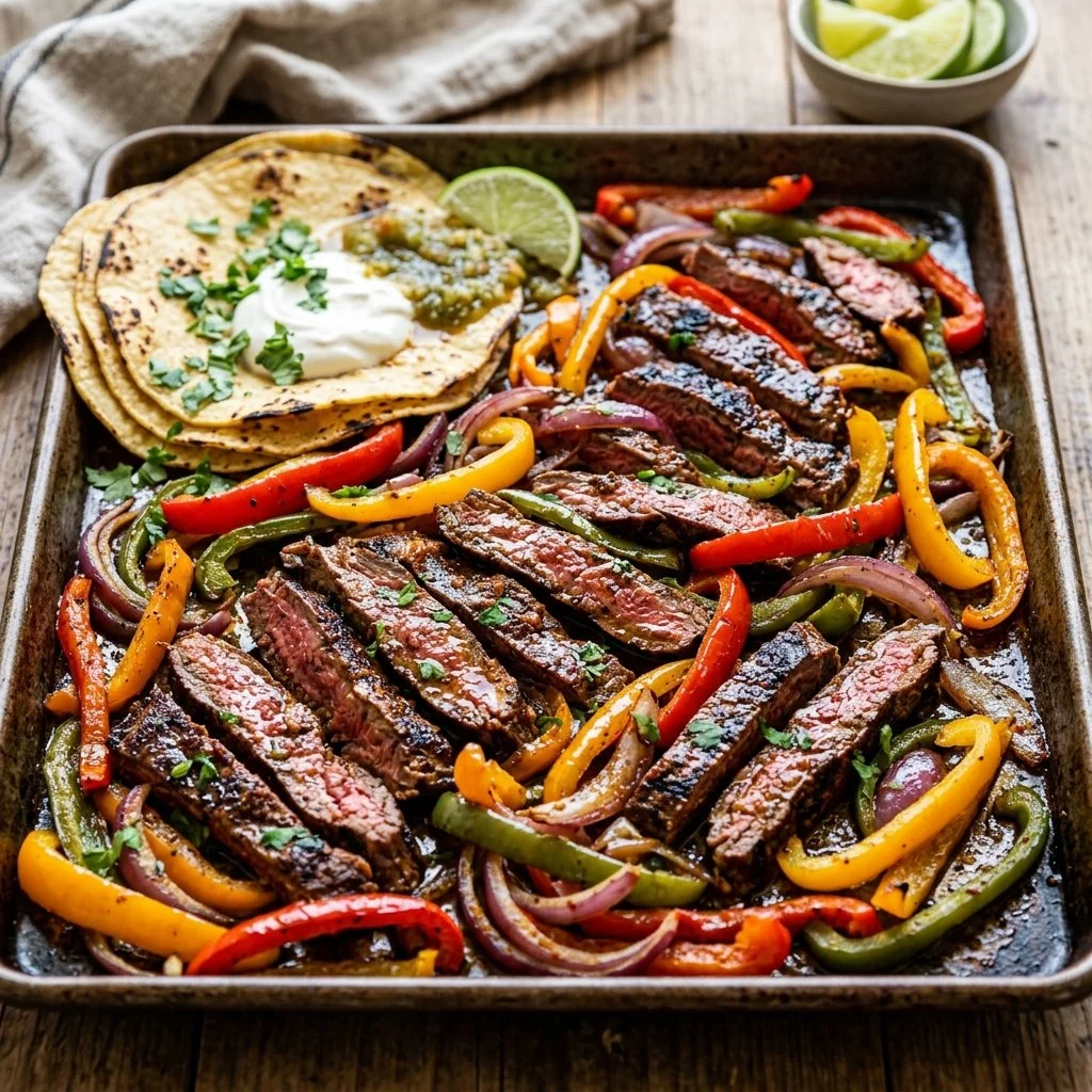 Delicious sheet pan steak fajitas with peppers and onions ready to serve