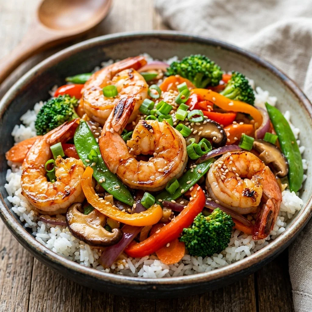 Colorful shrimp stir fry with vegetables in a hot pan