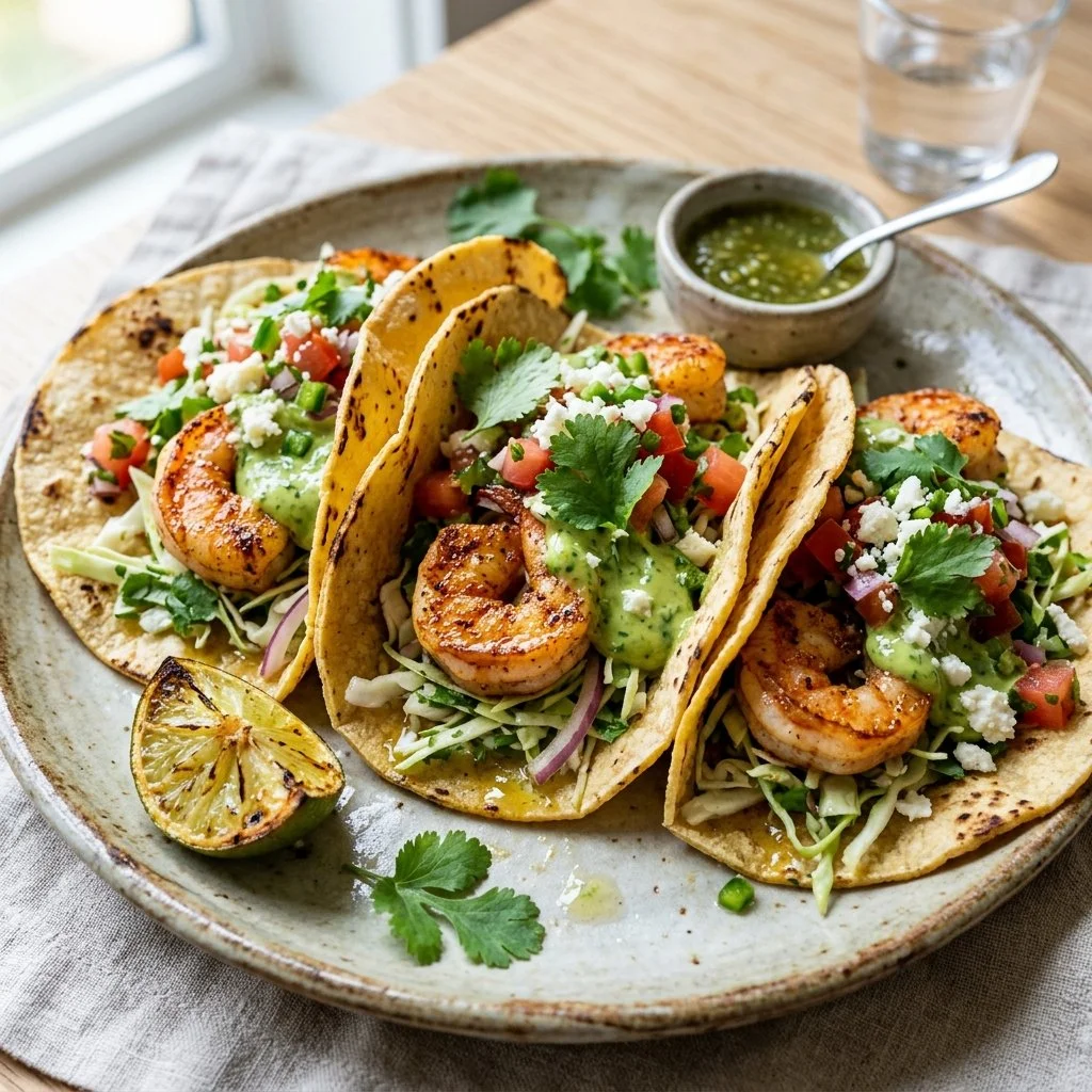 Delicious shrimp tacos topped with fresh vegetables and lime