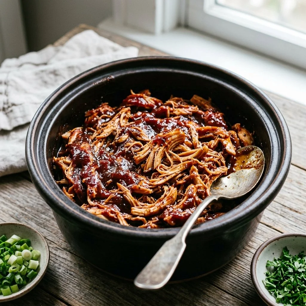 Delicious slow cooker BBQ chicken served with sides