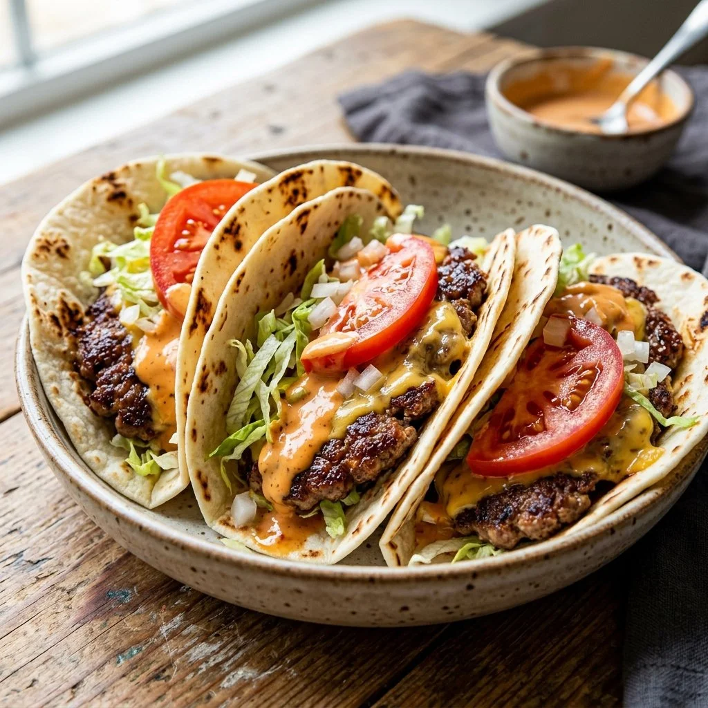 Smash burger tacos featuring juicy beef patties and fresh toppings
