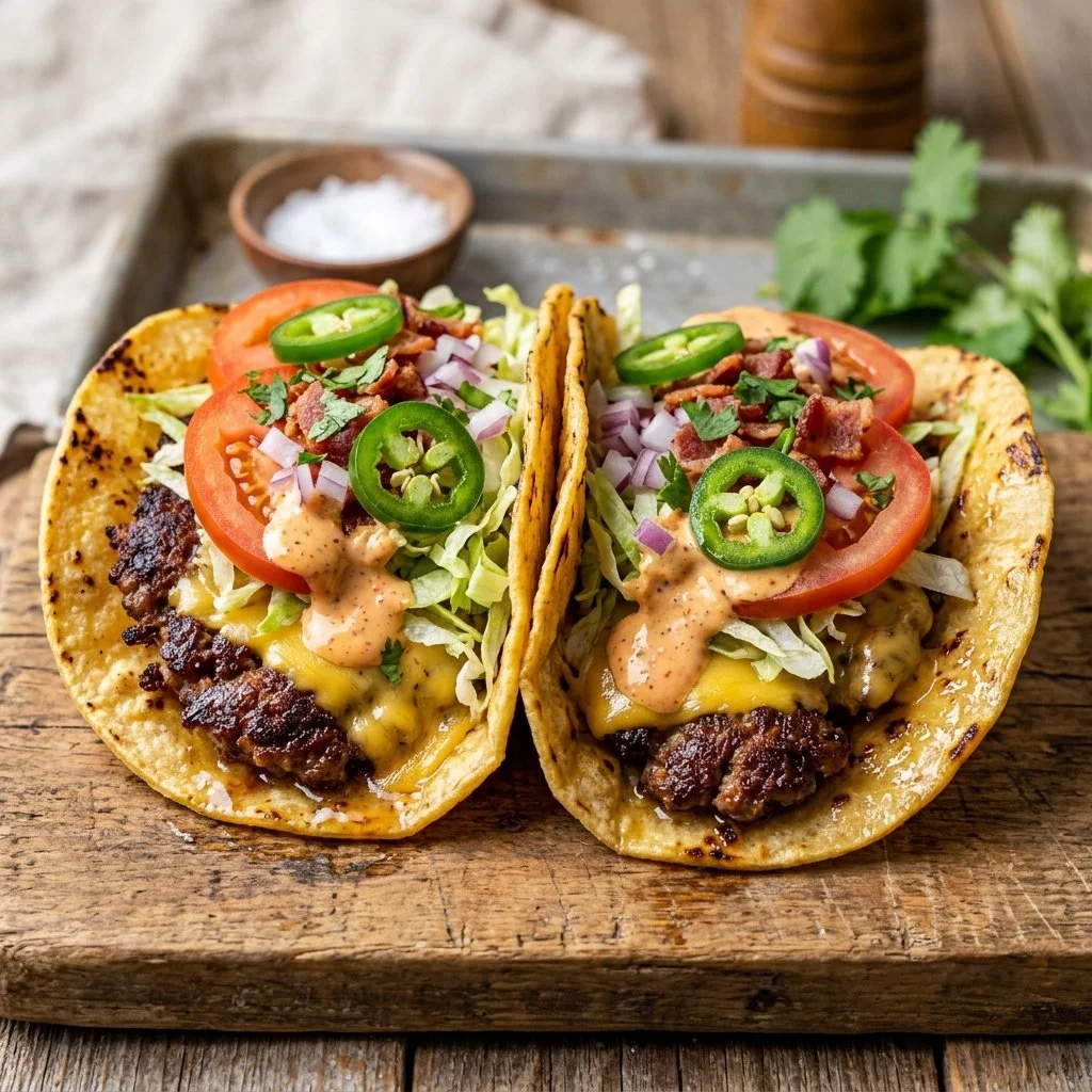 Delicious Smash Burger Tacos served on a plate with toppings.