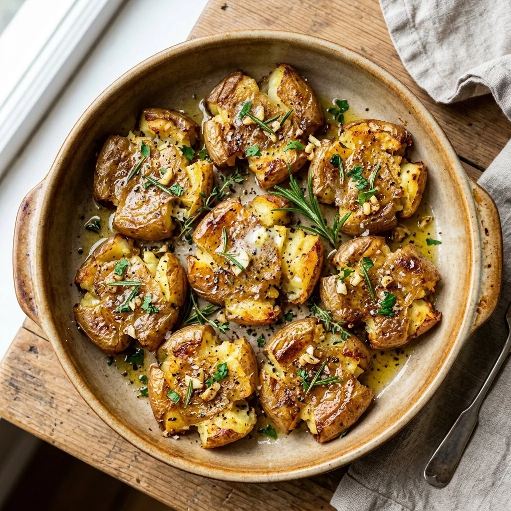 Deliciously smashed potatoes garnished with herbs and spices