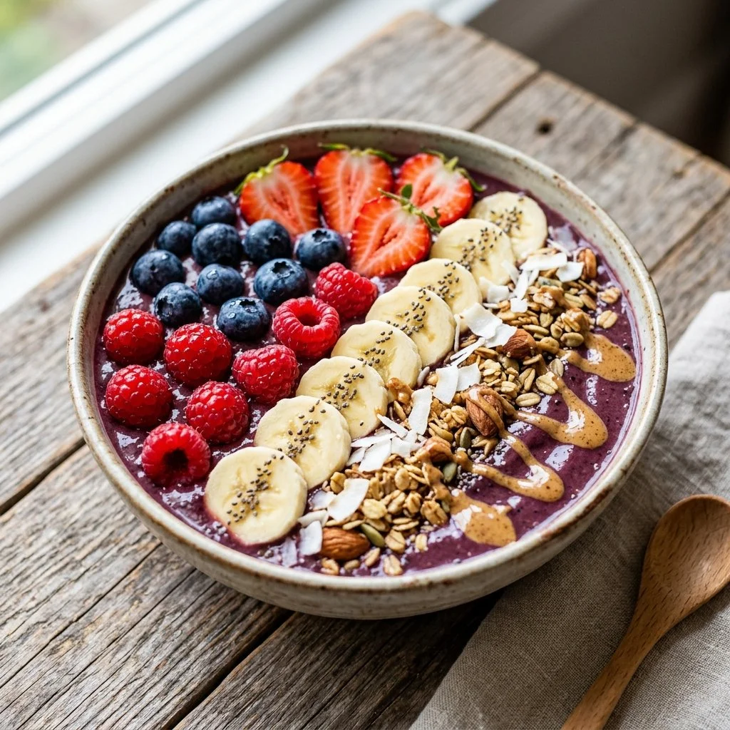 Colorful smoothie bowl topped with fresh fruits, nuts, and seeds