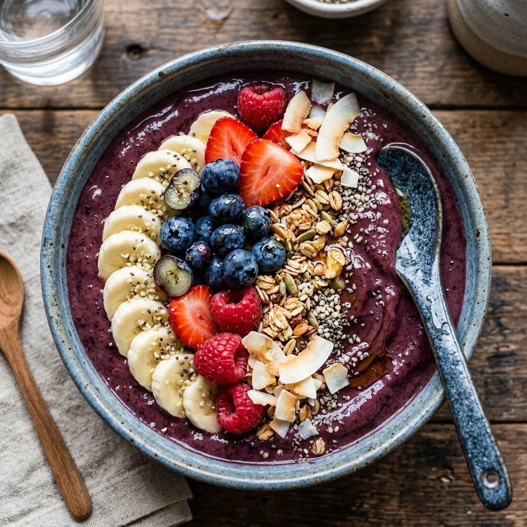 A colorful assortment of smoothie bowls topped with fresh fruits and seeds