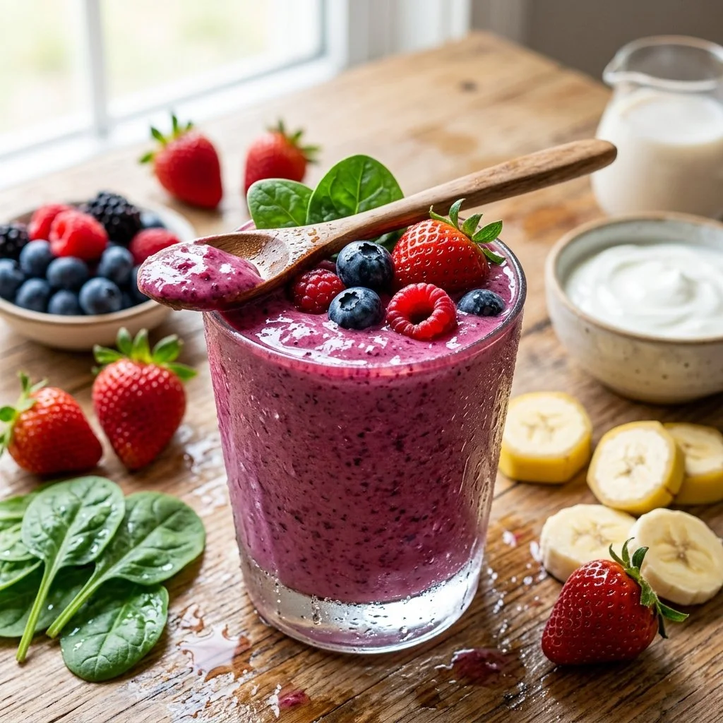 Colorful smoothie in a glass with fresh fruits and vegetables