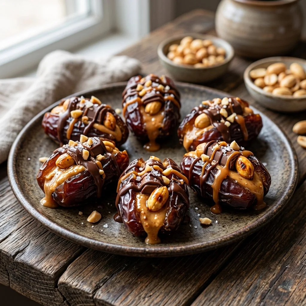 Delicious Snickers stuffed dates with chocolate, caramel, and nuts