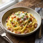 Bowl of spaghetti squash carbonara topped with parmesan and black pepper.