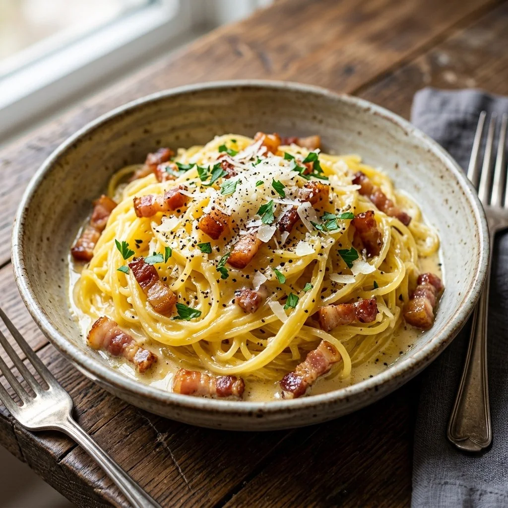Bowl of spaghetti squash carbonara topped with parmesan and black pepper.