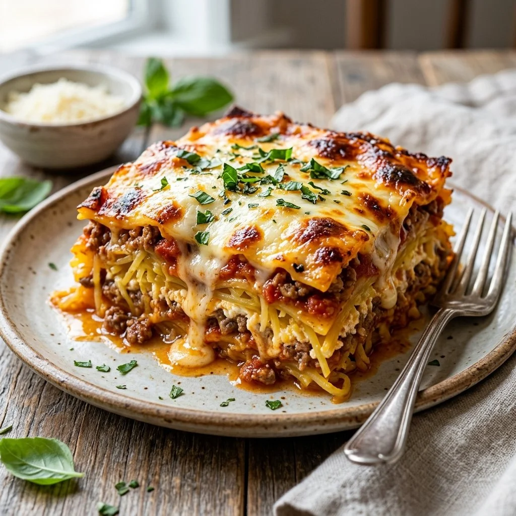 A plate of Spaghetti Squash Lasagna topped with cheese and herbs, ready to serve.