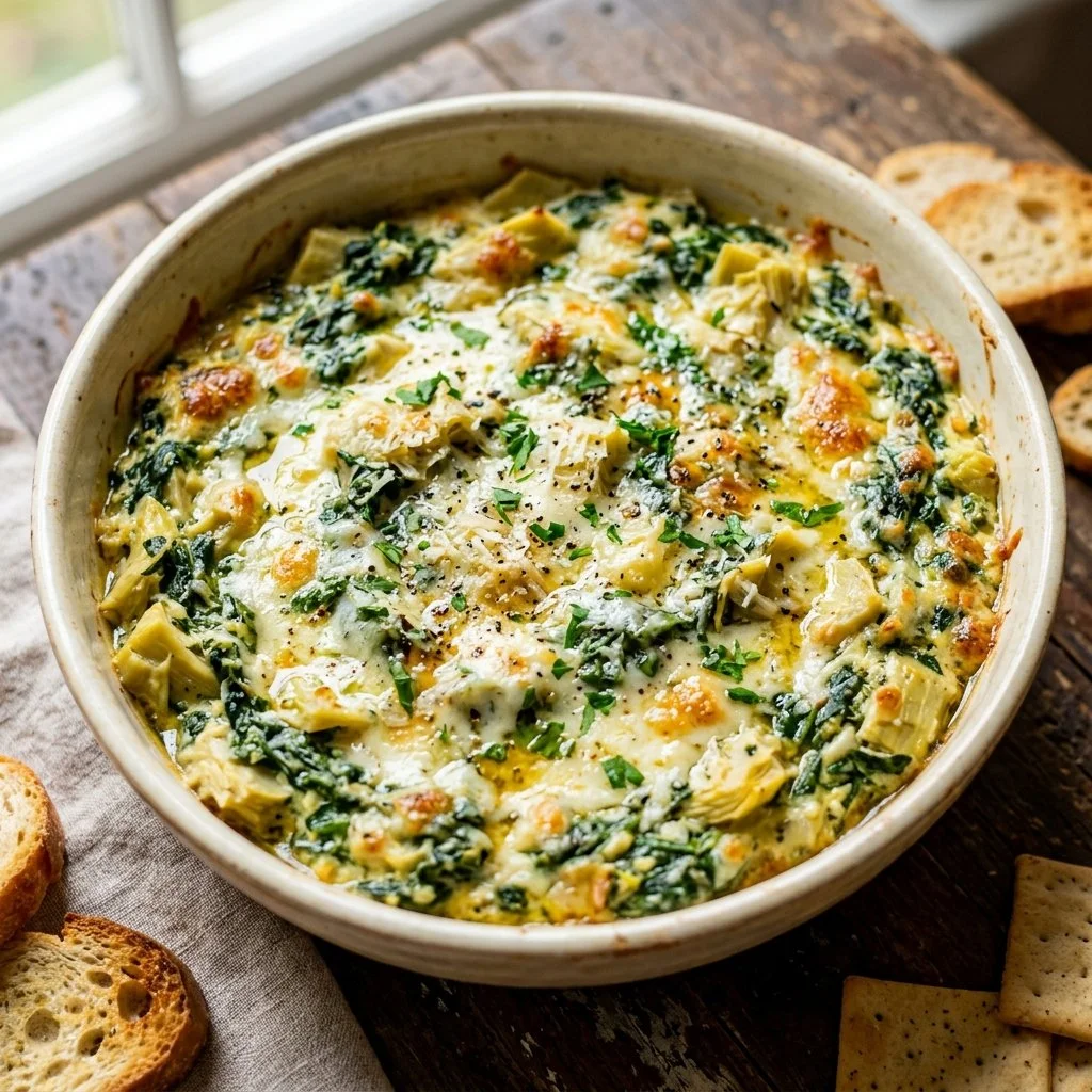Delicious homemade spinach artichoke dip served in a bowl with fresh veggies.