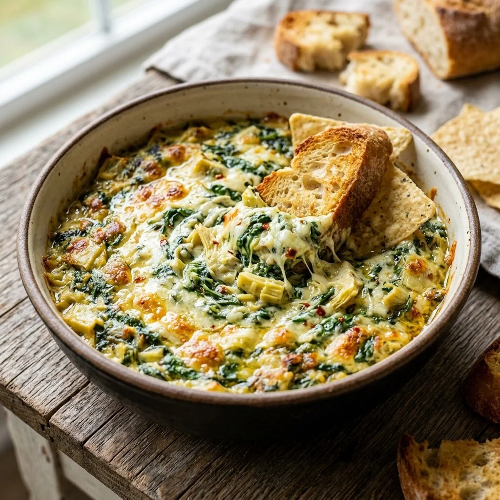 Delicious Spinach Artichoke Dip served in a bowl with fresh vegetables