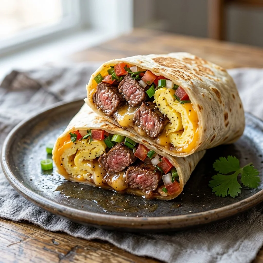 Delicious steak and egg burritos on a plate, ready to eat.