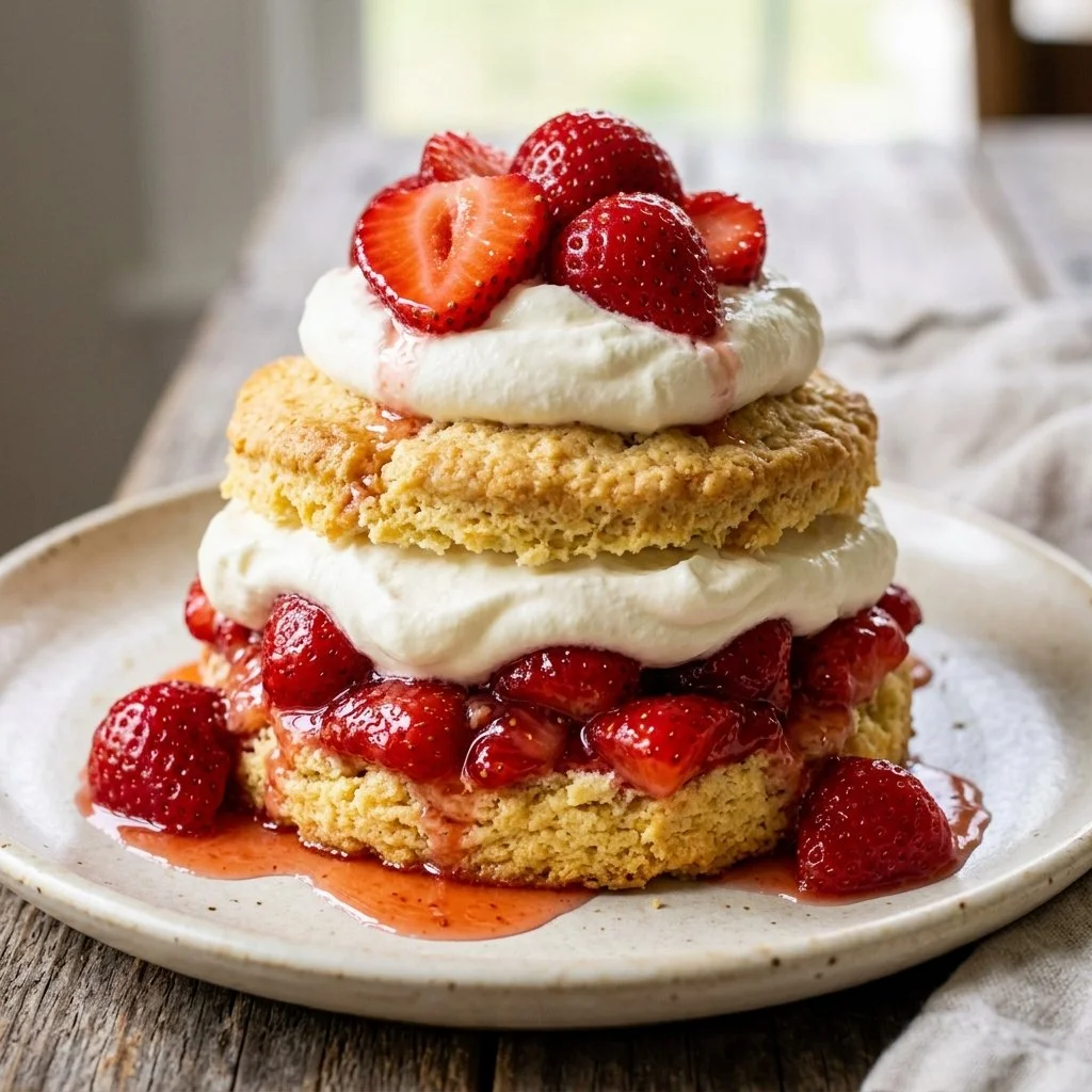 Delicious strawberry shortcake with fresh strawberries and whipped cream on top