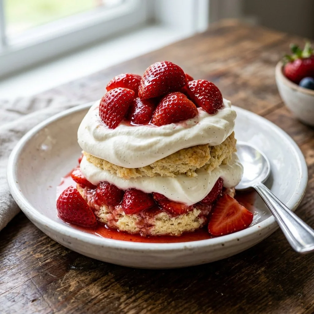 Delicious strawberry shortcake with fresh strawberries and whipped cream on a plate