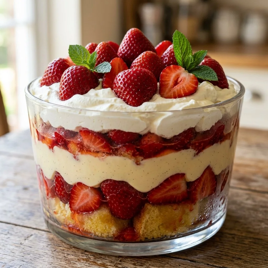 Delicious strawberry trifle layered with fresh strawberries and whipped cream.