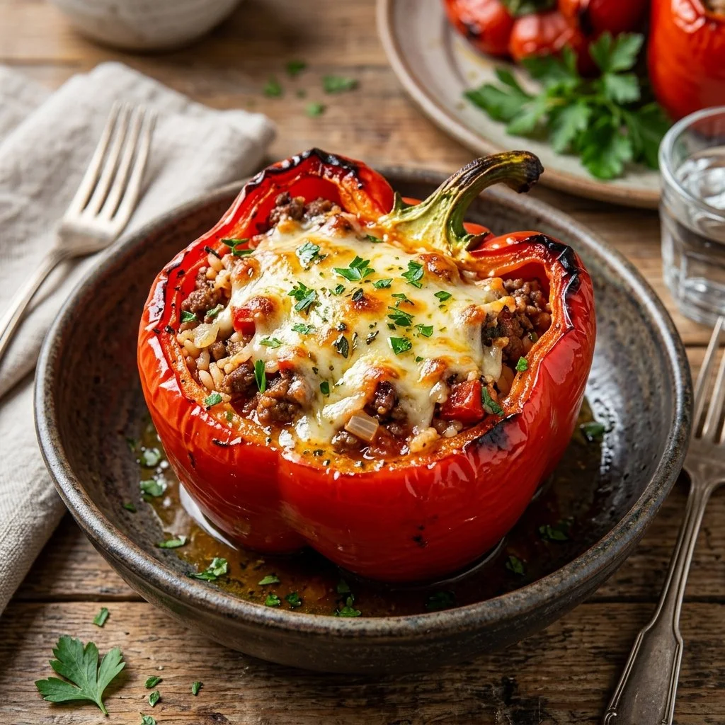 Colorful stuffed bell peppers filled with rice and vegetables