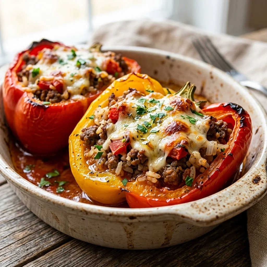 Colorful stuffed bell peppers filled with rice, meat, and vegetables.