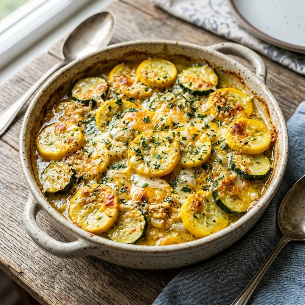 Delicious summer squash casserole dish baked to golden perfection