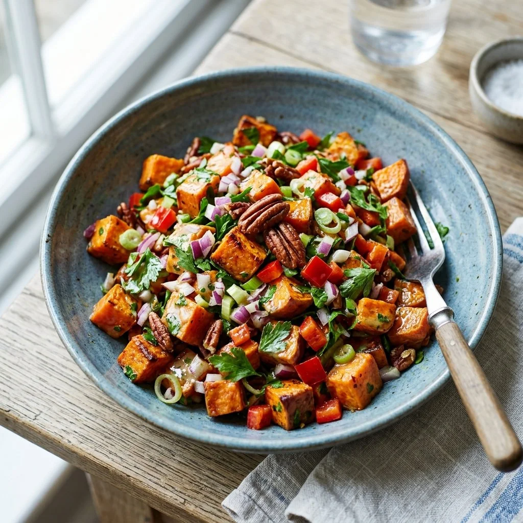 Colorful Sweet Potato Salad with fresh vegetables and dressing