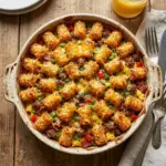 Delicious Tater Tot Breakfast Casserole topped with cheese and veggies