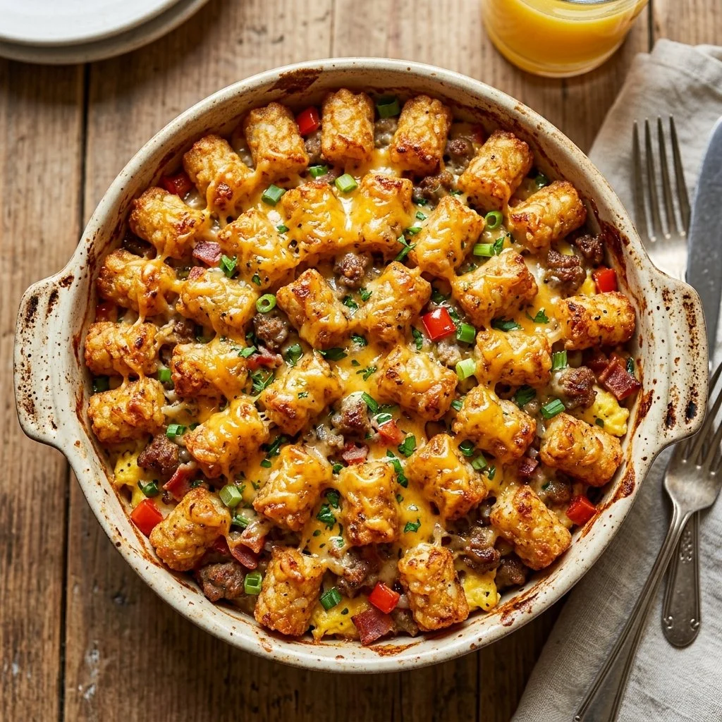 Delicious Tater Tot Breakfast Casserole topped with cheese and veggies