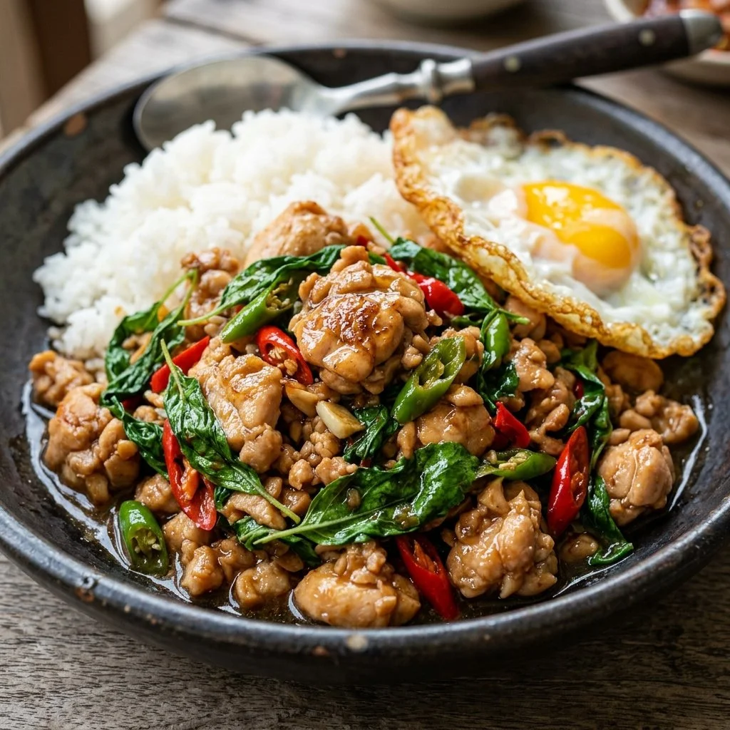 Plate of delicious Thai Basil Chicken with fresh herbs and spices