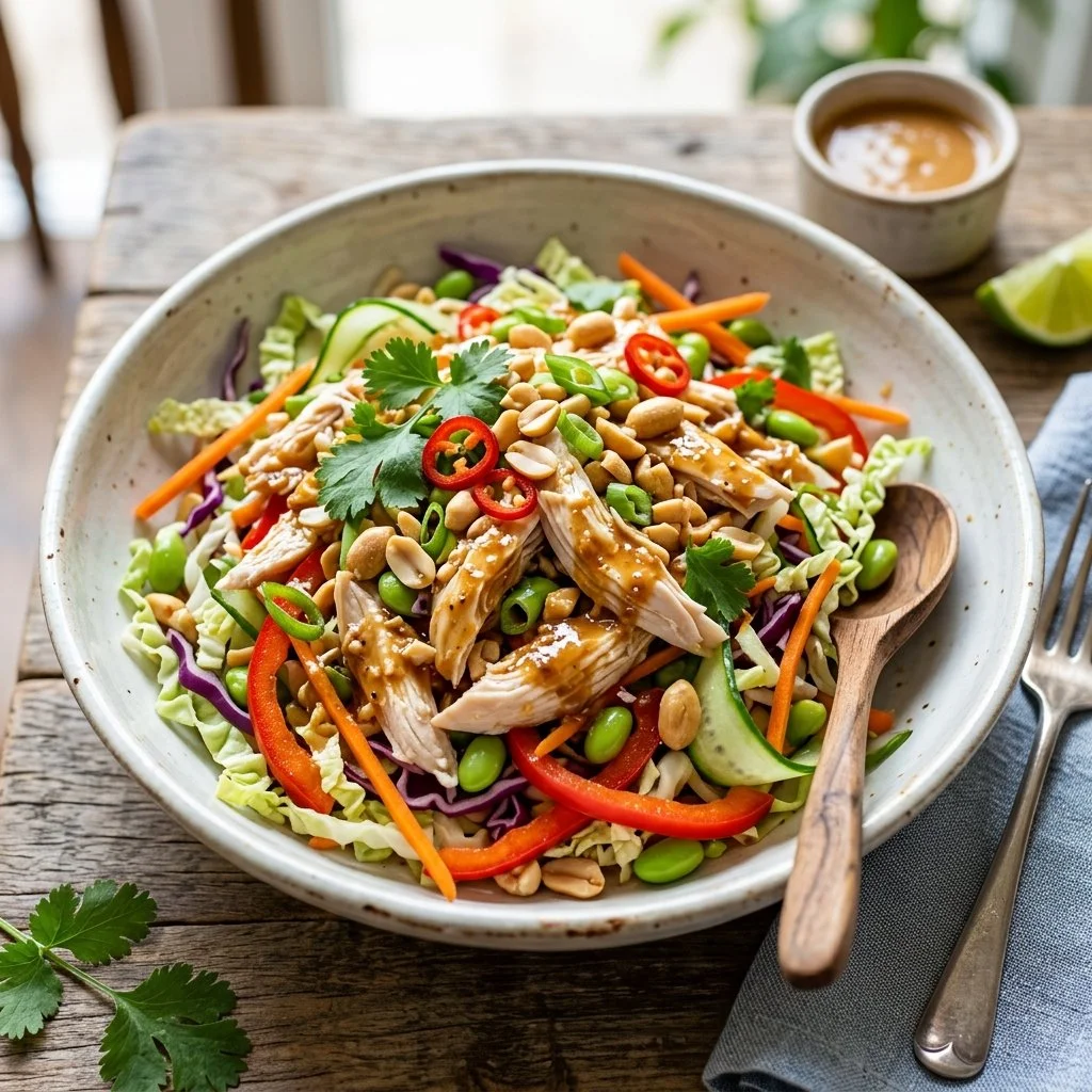 Delicious Thai Peanut Chicken Salad with fresh vegetables and peanut dressing