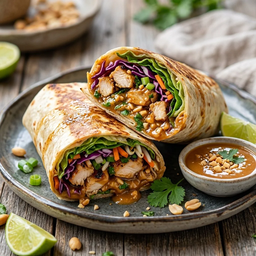 Delicious Thai Peanut Chicken Wrap with fresh vegetables and peanut sauce