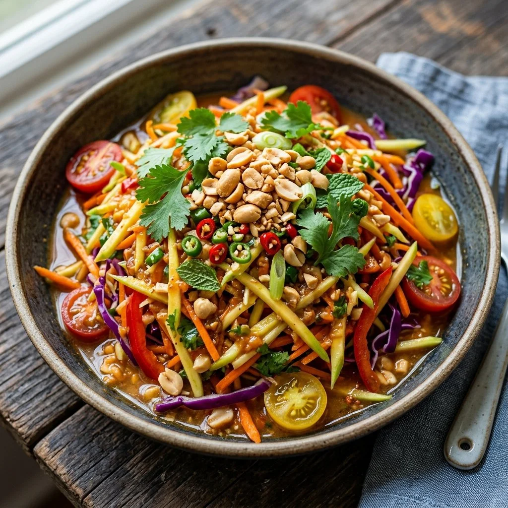 A colorful Thai Peanut Salad with fresh vegetables and peanut dressing