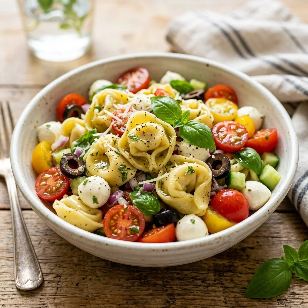 A vibrant bowl of Tortellini Pasta Salad with fresh vegetables and dressing.