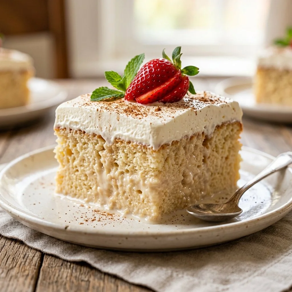 Delicious Tres Leches Cake topped with whipped cream and fresh berries