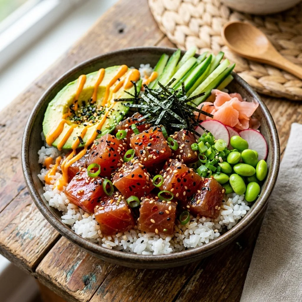 Delicious Tuna Poke Bowl with marinated tuna, rice, and fresh toppings