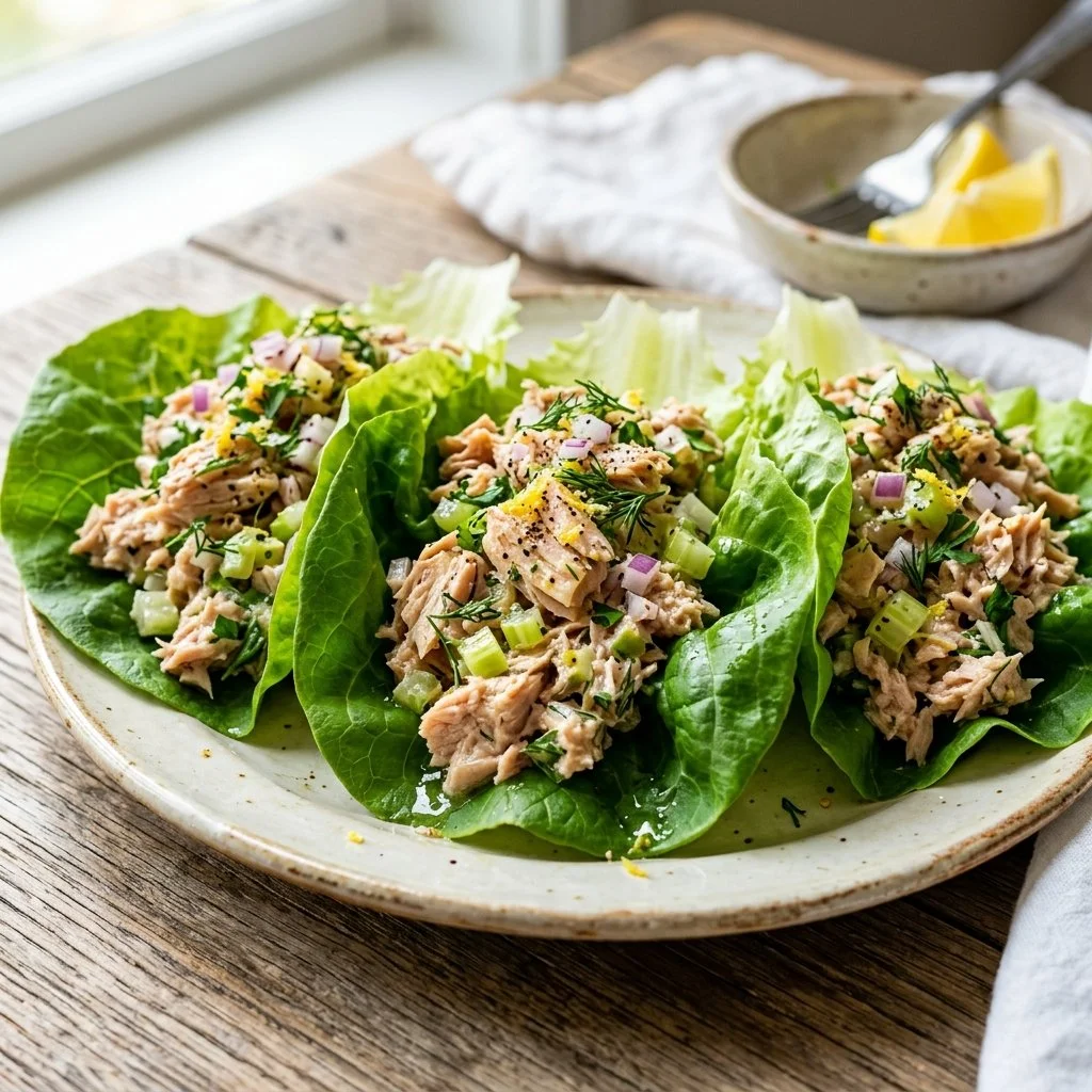 Tuna salad lettuce wraps served on a plate, fresh and healthy option