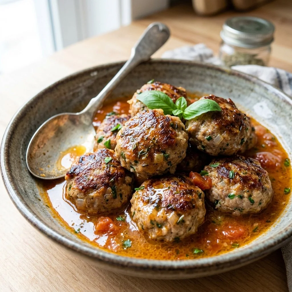 Delicious turkey meatballs served with marinara sauce and parsley