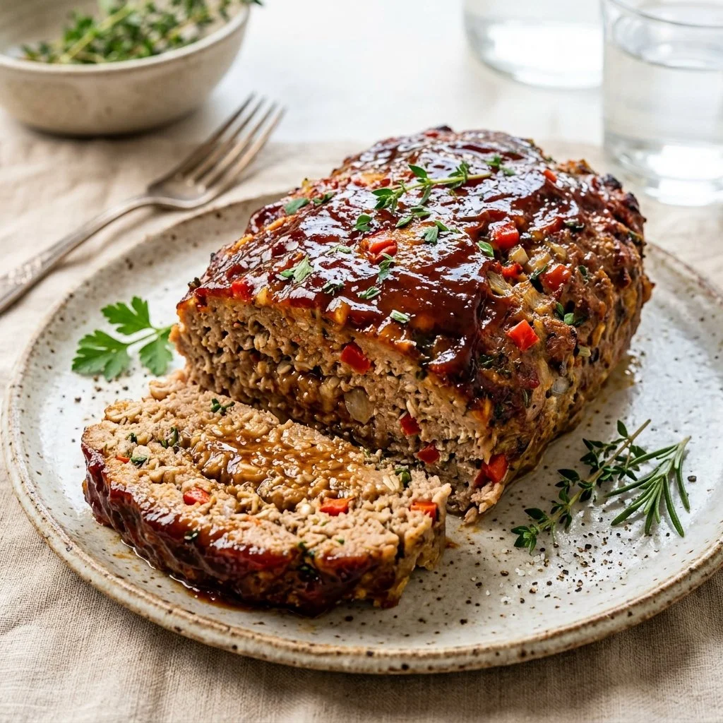 Deliciously cooked turkey meatloaf served on a plate with fresh herbs