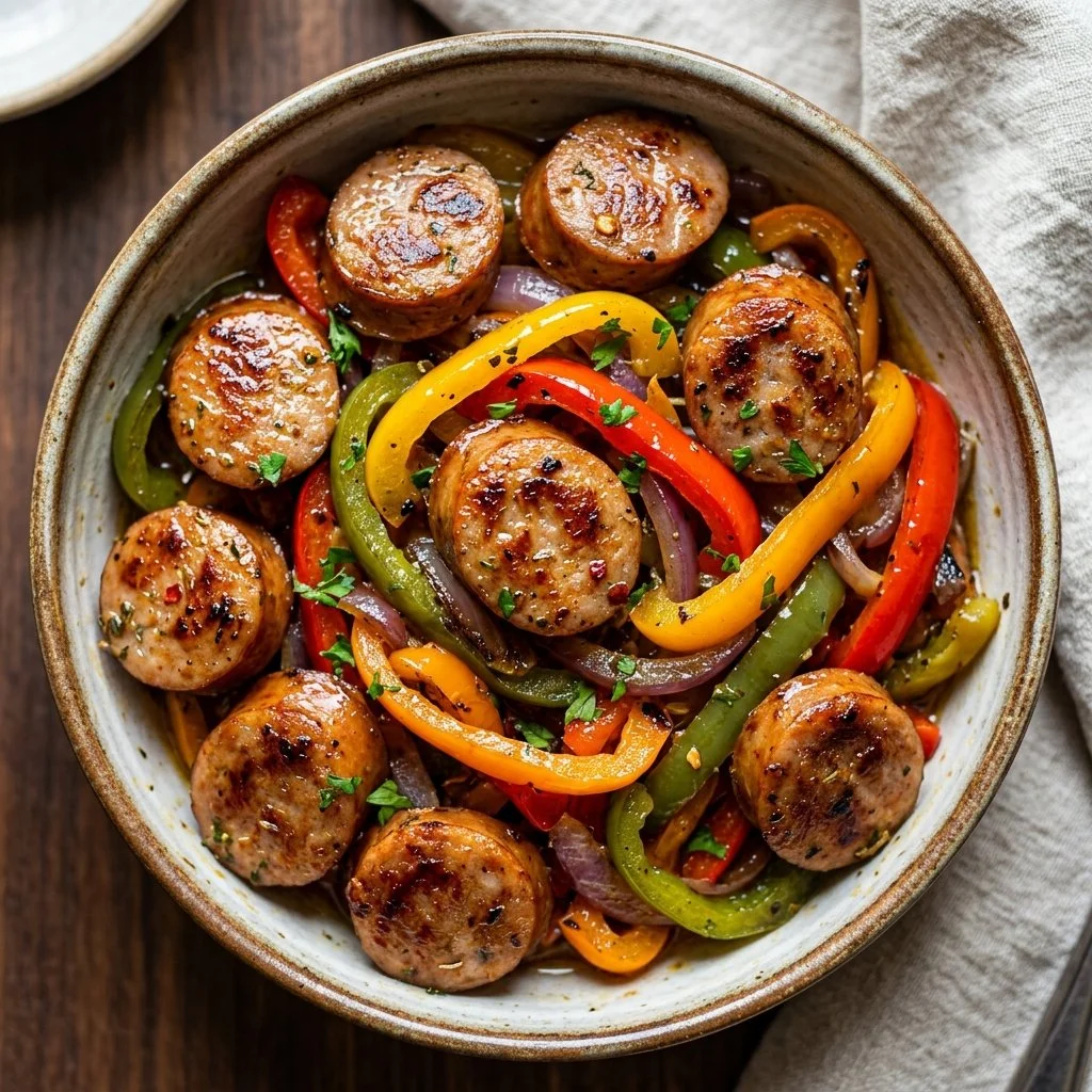 Delicious turkey sausage cooked with colorful bell peppers