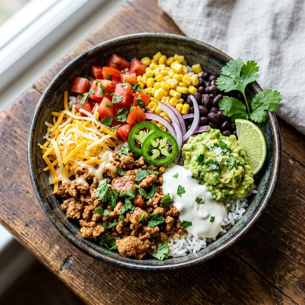Healthy Turkey Taco Bowl with vibrant toppings and fresh ingredients