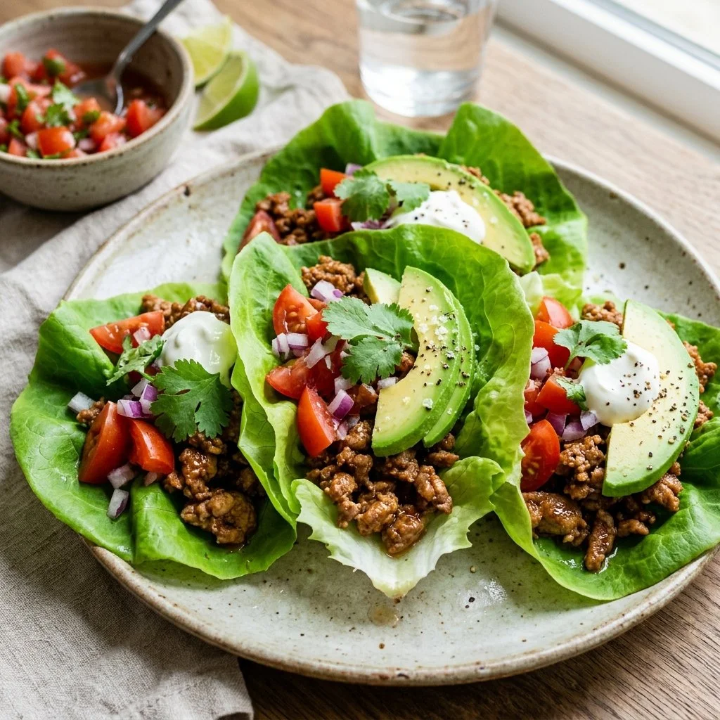 Turkey Taco Lettuce Wraps served with fresh veggies and toppings
