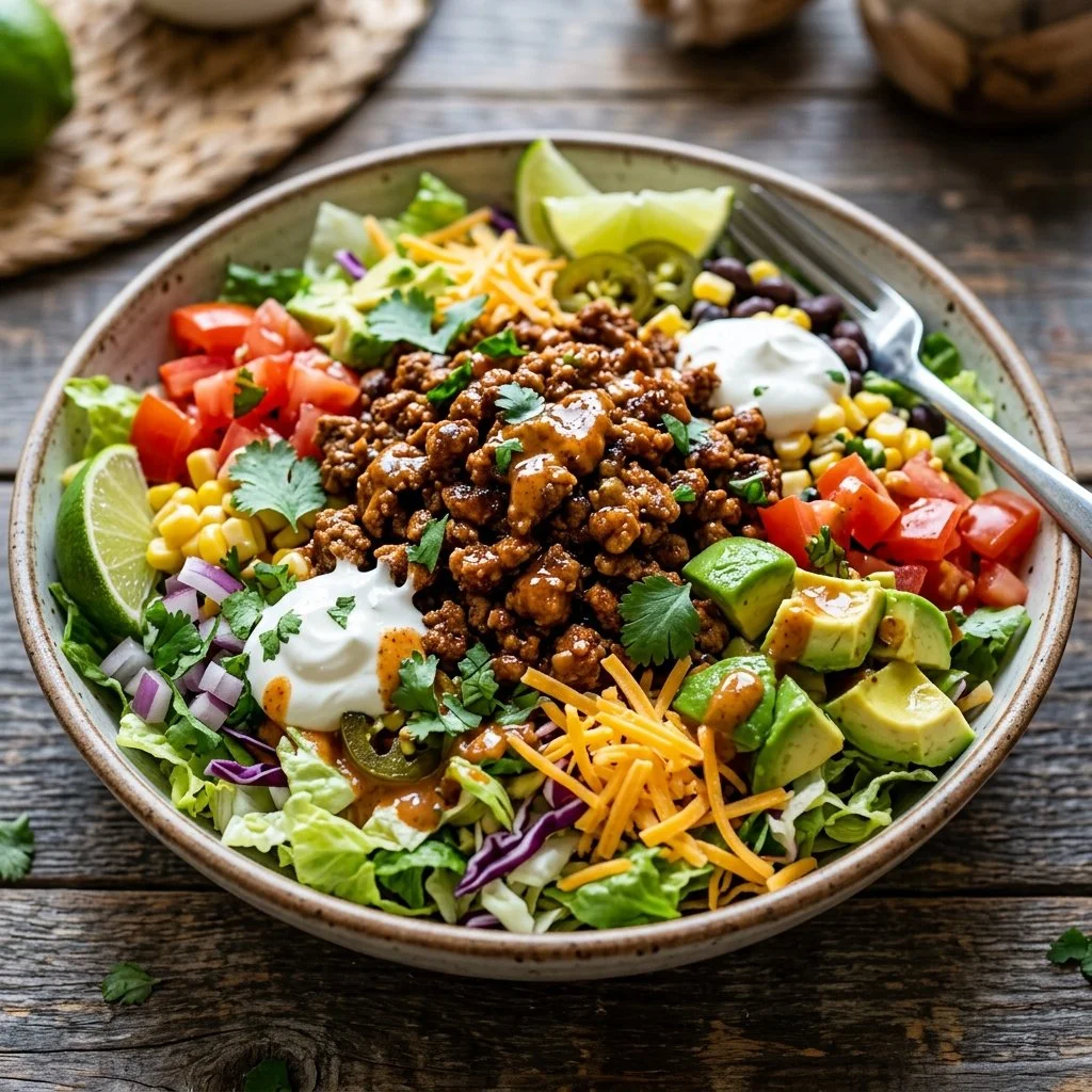 Colorful Turkey Taco Salad topped with fresh vegetables and avocado